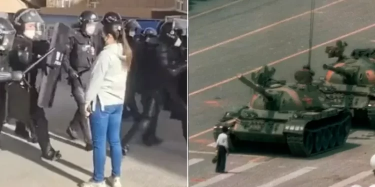 فتاة شجاعة شغلت الصينيين.. وذكرتهم بـ “رجل الدبابة” الشهير