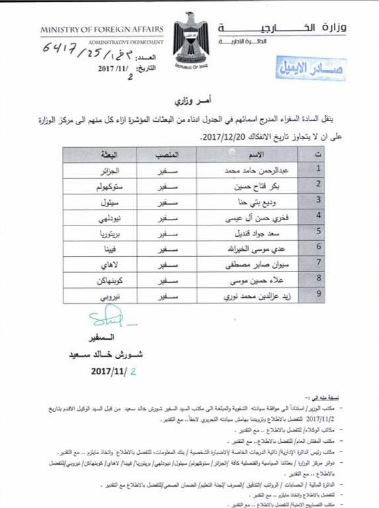 الخارجية العراقية ” نقل 9 سفراء الى ديوان الوزارة”